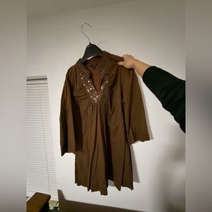 Talbots Brown Mini Dress with Embellished Neckline